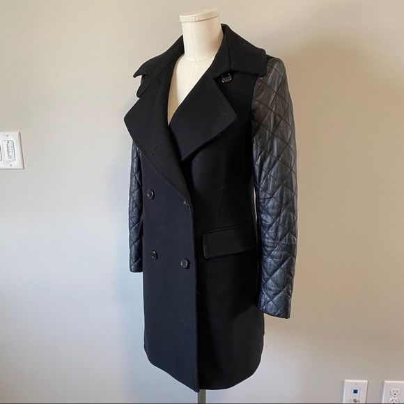 Club Monaco Carolina  Wool Pea Coat Leather Sleeves - Picture 5 of 16